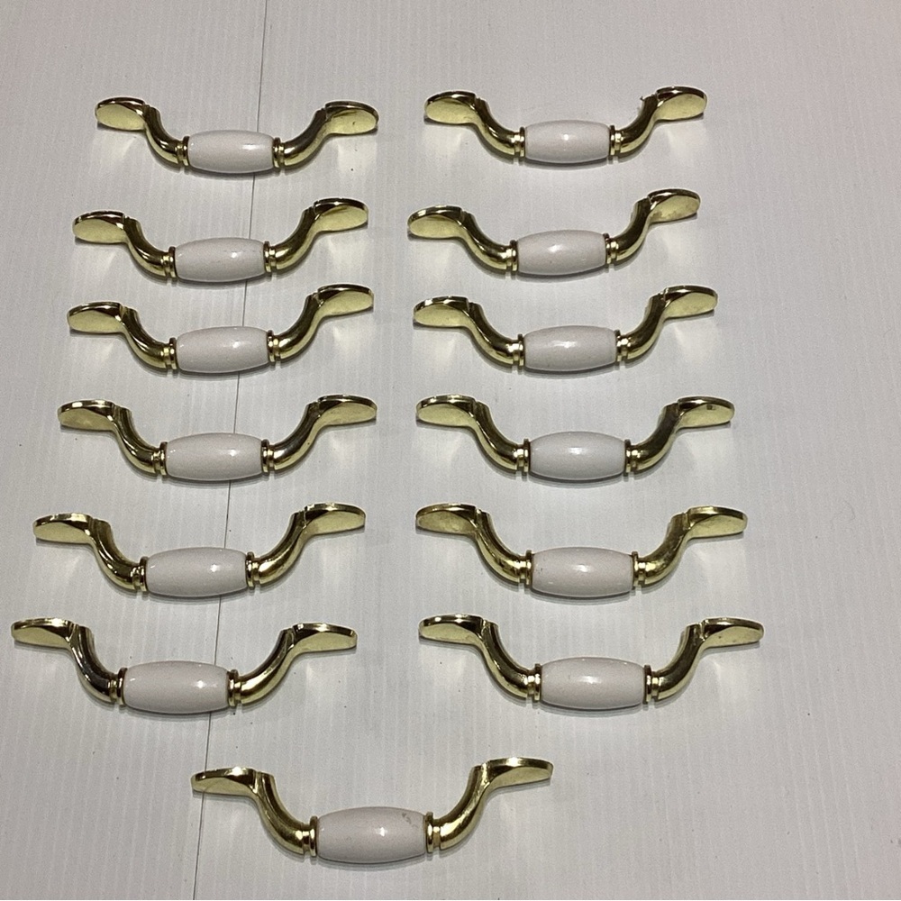 13 X Ceramic Vtg Brass Porcelain Drawer Pulls Handles White Hardware 5" Long 3”C